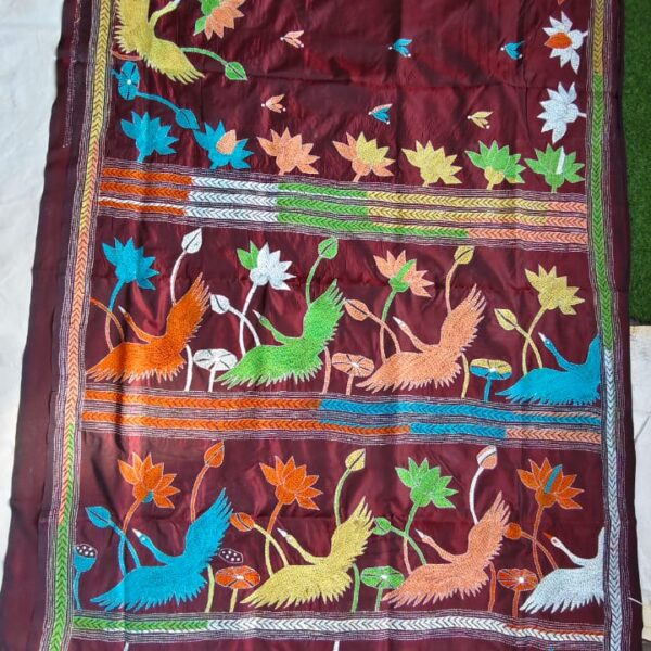 Bengal Kantha Embroidery Art Silk Saree (brown colour)