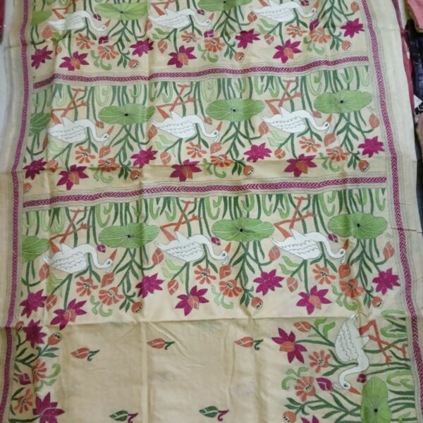 Dye Tussar and kantha stitch saree (flower white )